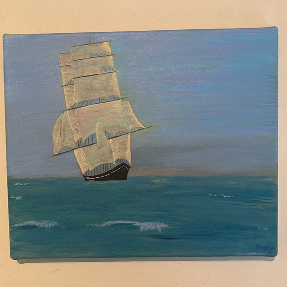 12 x 10 small original acrylic canvas painting sailboat on ocean scene artist - Picture 5 of 5